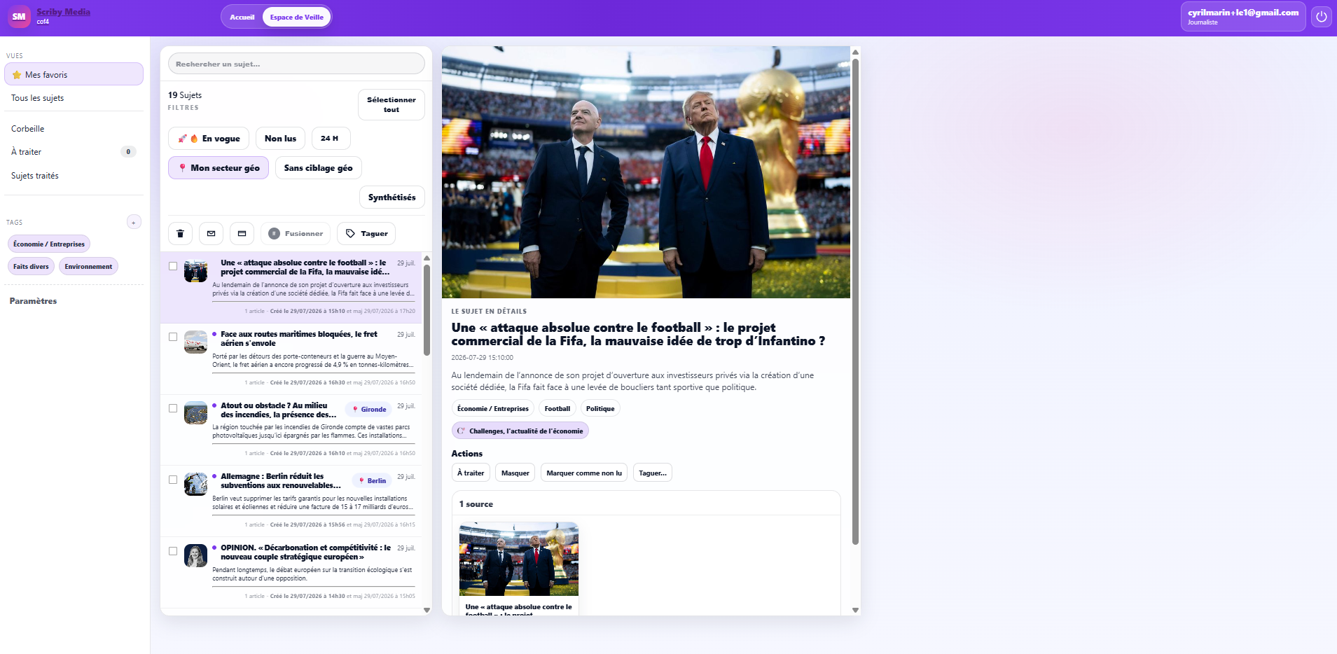 Scriby Source : le feed de veille avec les sujets regroupés par IA